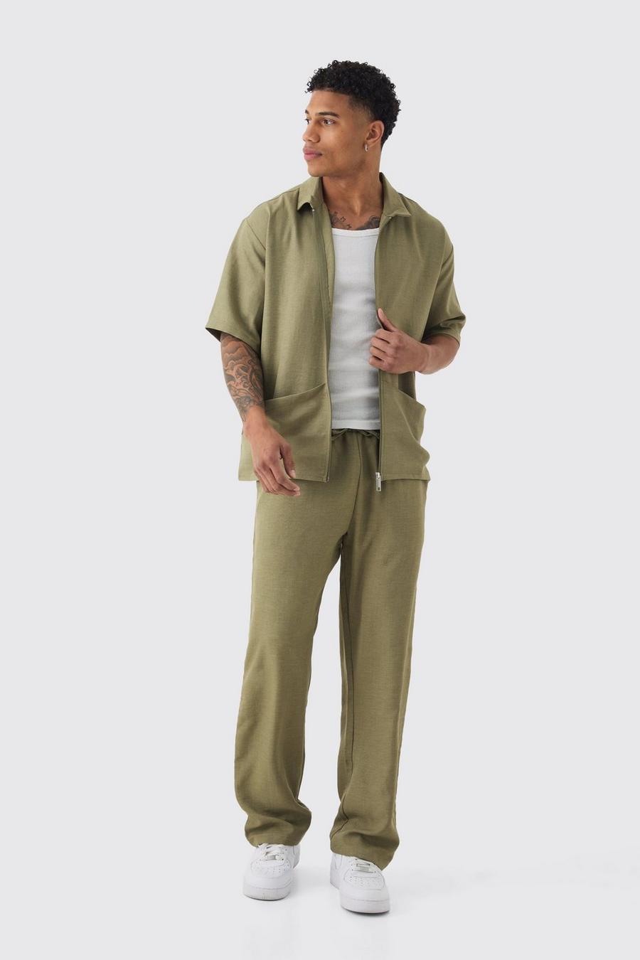 Khaki Oversized Linen Deep Pocket Shirt & Trouser Set 