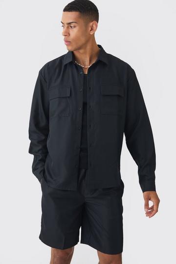 Oversized Revere Soft Twill Cargo Pocket Long Sleeve Shirt black