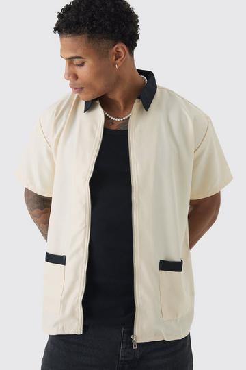 Oversized Soft Twill Contrast Pocket Bowling Shirt ecru