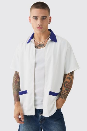 Oversized Soft Twill Contrast Pocket Bowling Shirt cobalt