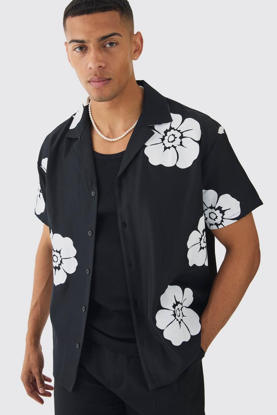 Black Oversized Floral Print Soft Twill Shirt image number 1