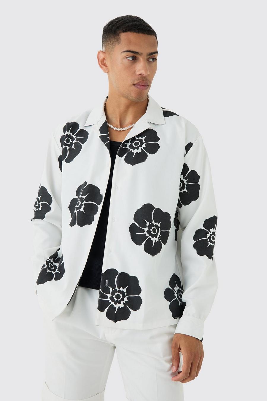 White Oversized Floral Print Soft Twill Long Sleeve Shirt