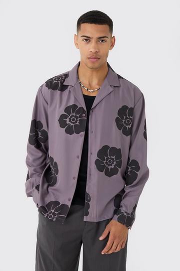 Oversized Floral Print Soft Twill Long Sleeve Shirt mauve