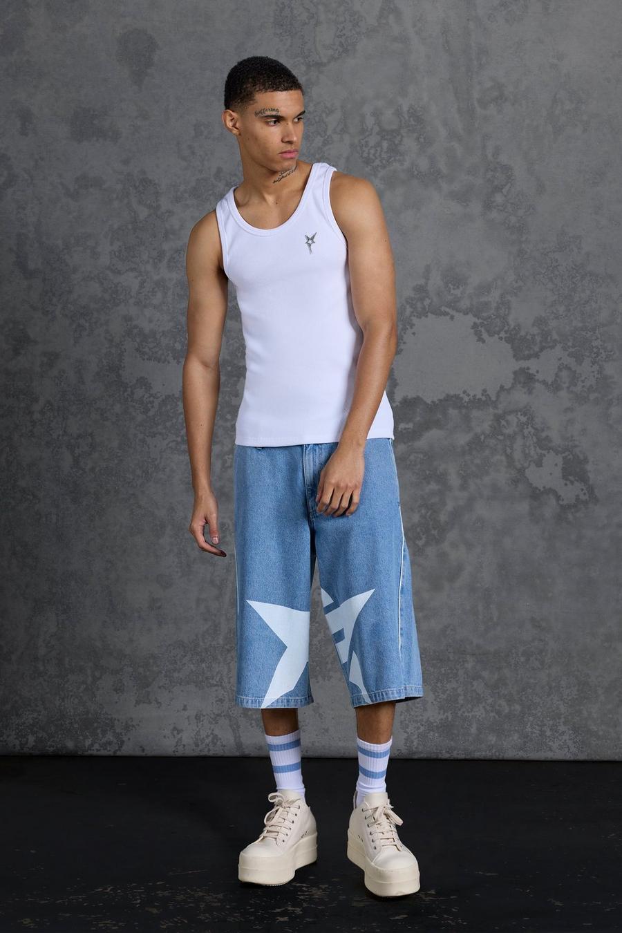 Gunna Relaxed Fit Long Jorts With Graphic Print, Mid blue