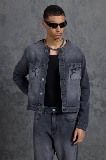 P-Star Regular Fit Boxy Collarless Denim Jacket washed black