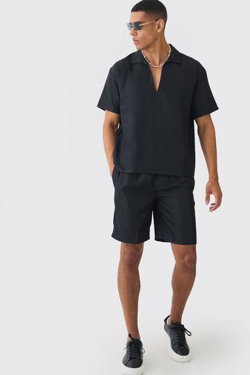Oversized V-neck Soft Twill Shirt & Short Set black