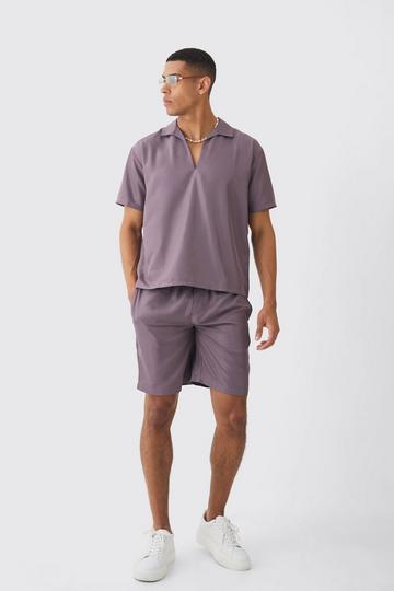 Oversized V-neck Soft Twill Shirt & Short Set mauve