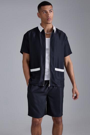 Oversized Soft Twill Contrast Pocket Shirt & Short Set black