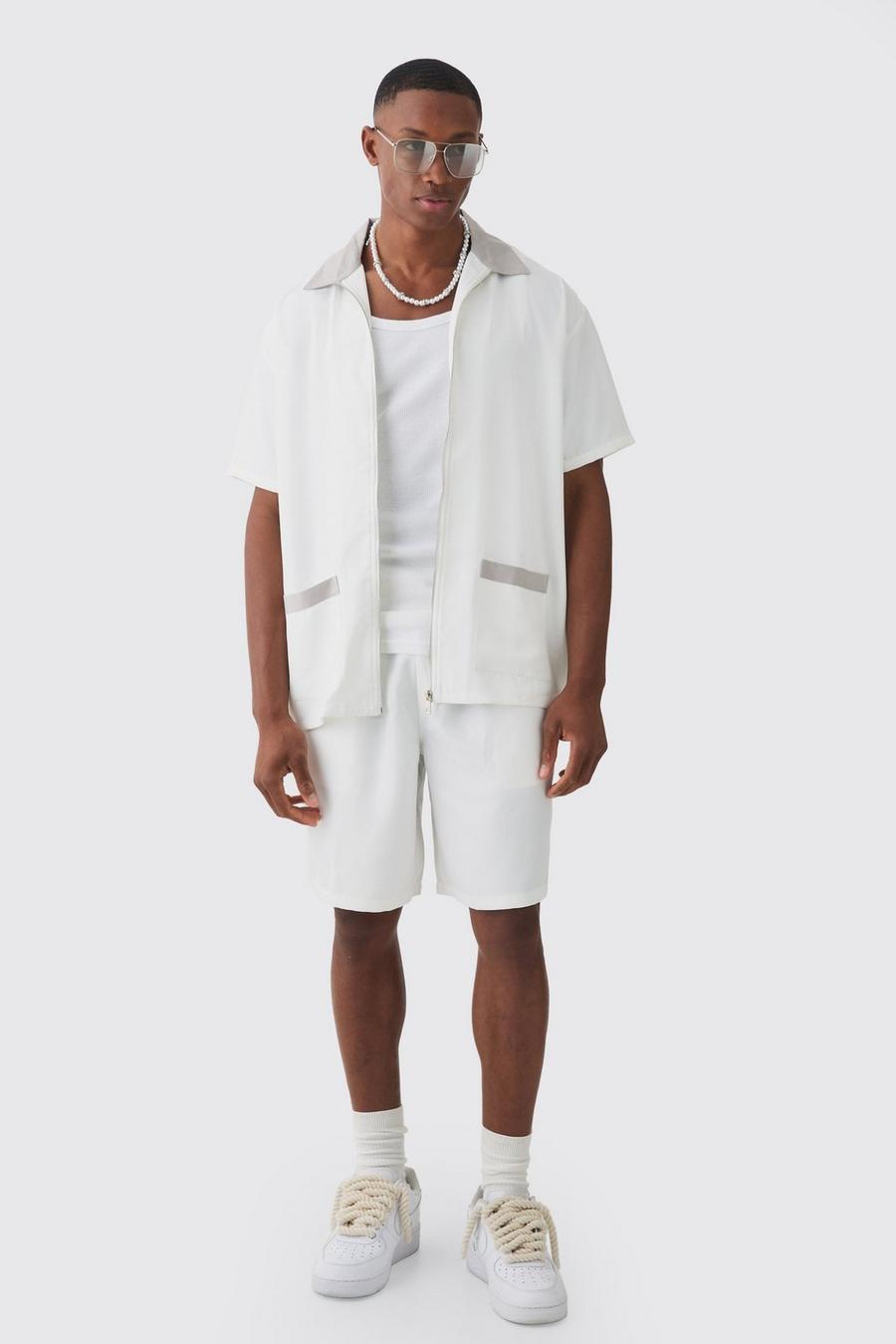 White Oversized Soft Twill Contrast Pocket Shirt & Short Set  image number 1