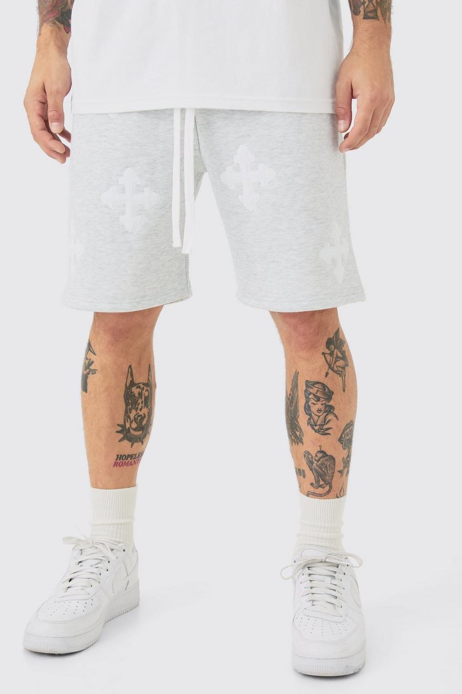 Grey Relaxed Mid Length Cross Applique Shorts