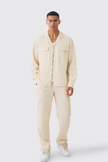 Ecru White Oversized Soft Twill Cargo Shirt & Trouser Set