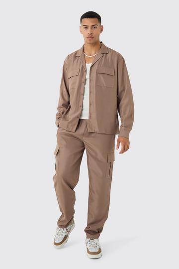 Oversized Soft Twill Cargo Shirt & Pants Set taupe