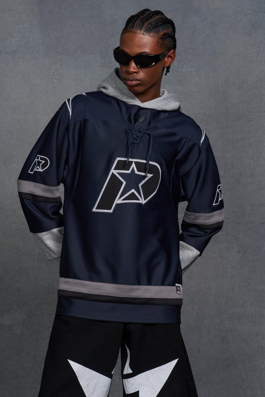 Navy Gunna Oversized Hooded Hockey Jersey with Applique image number 1