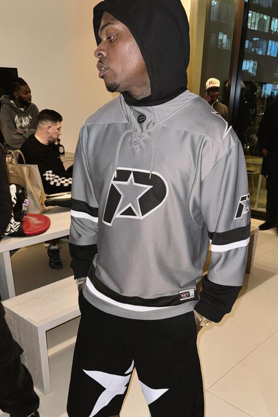 Silver Gunna Oversized Hooded Hockey Jersey with Applique image number 1