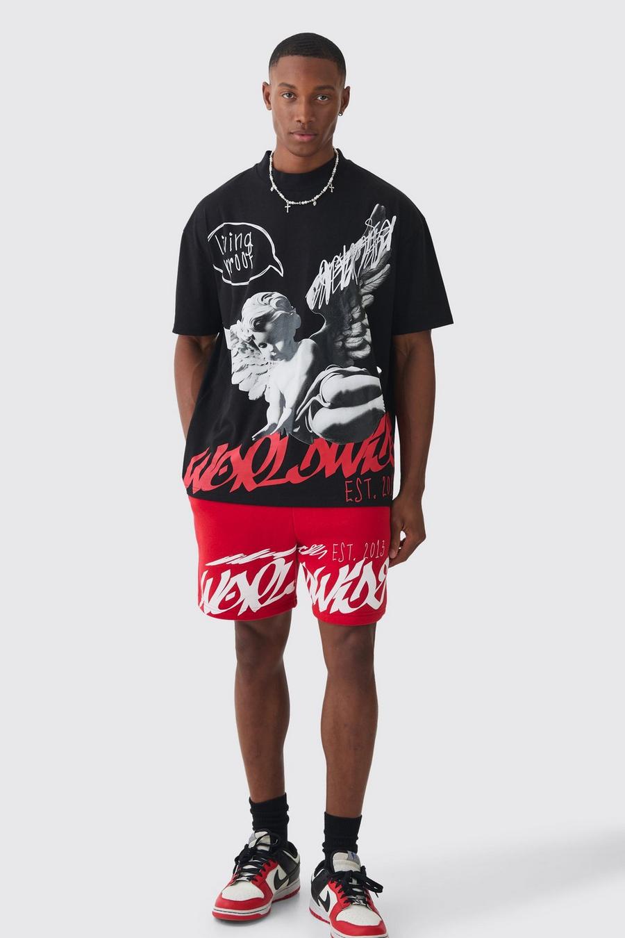 Red Oversized Renaissance Printed T-shirt And Short Set image number 1