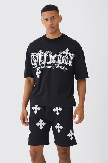 Oversized Boxy Cross Applique Distressed T-shirt And Short Set black