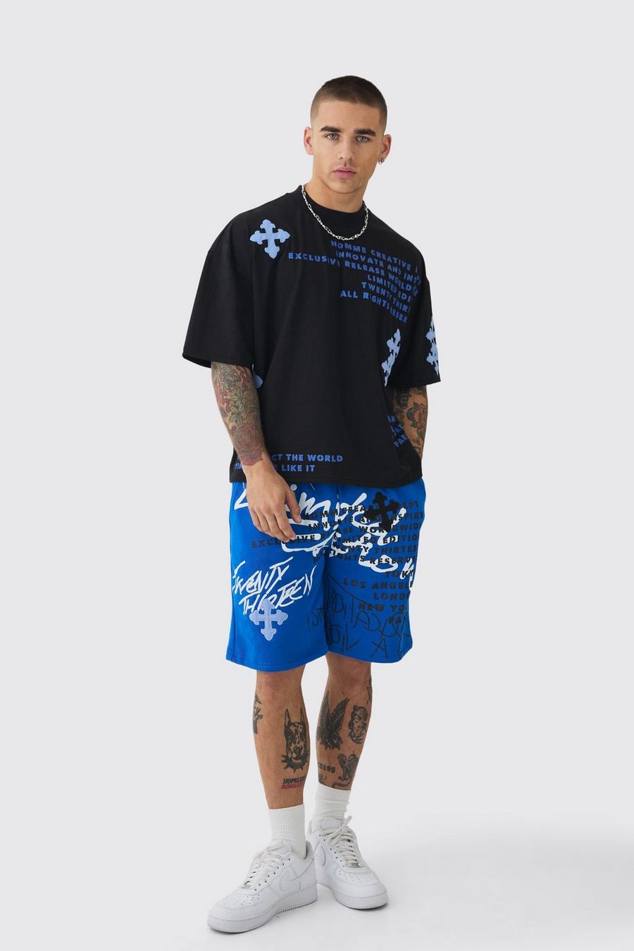 Blue Oversized Boxy Half Sleeve Cross Applique T-shirt & Short Set image number 1