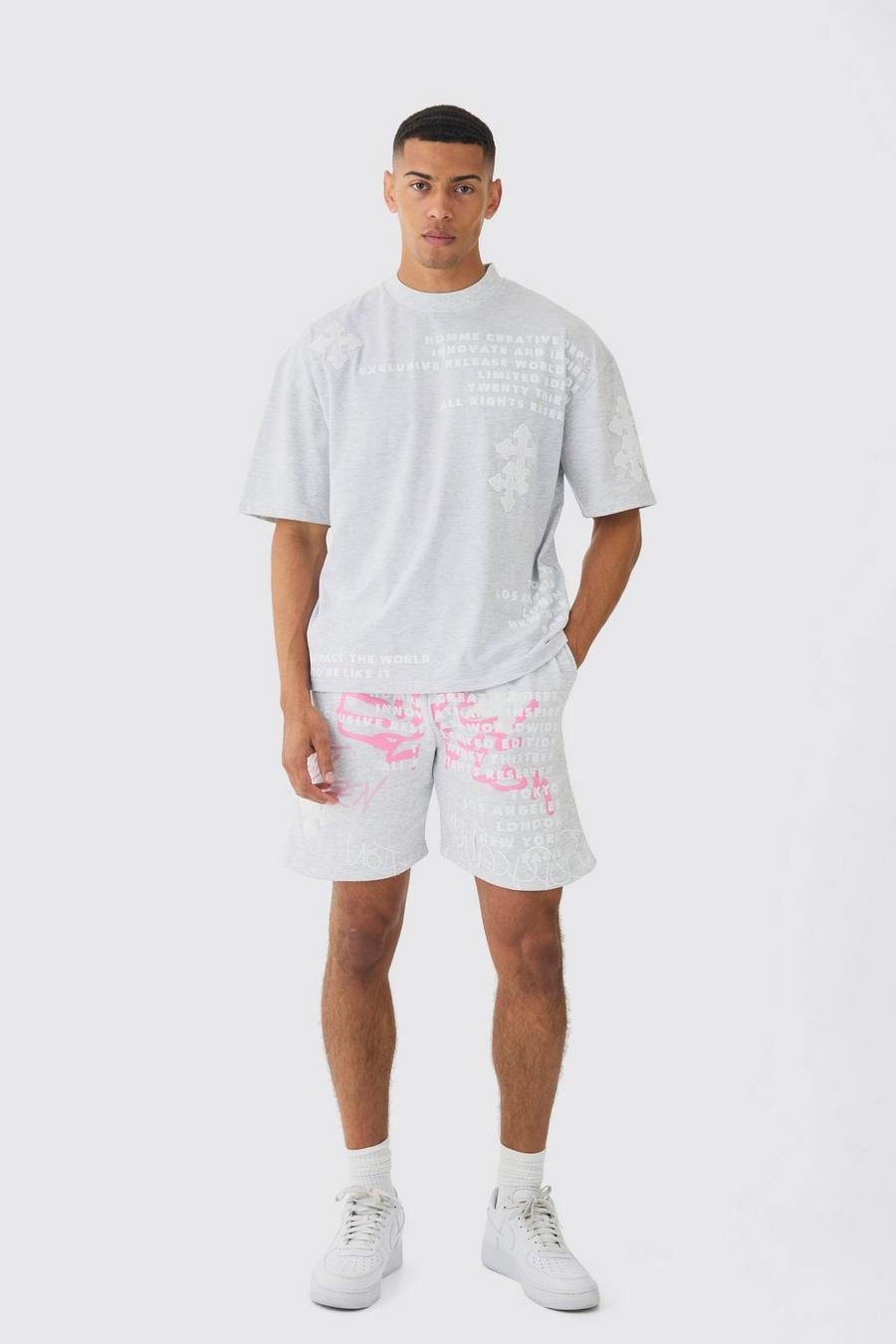 Grey Oversized Boxy Half Sleeve Cross Applique T-shirt & Short Set