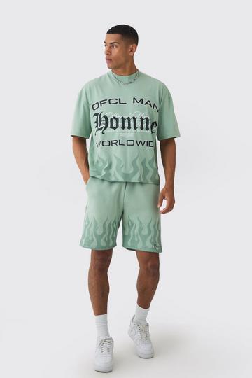 Green Oversized Boxy Flame Graphic T-Shirt And Short Set