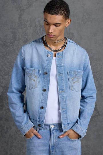 P-Star Regular Fit Boxy Collarless Denim Jacket light blue