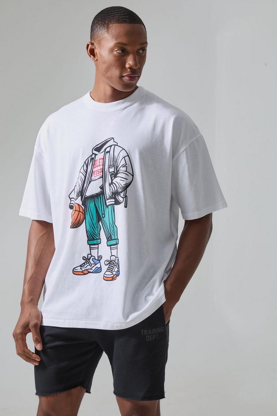White Man Active Oversized Athletic Basketball Graphic T-shirt image number 1