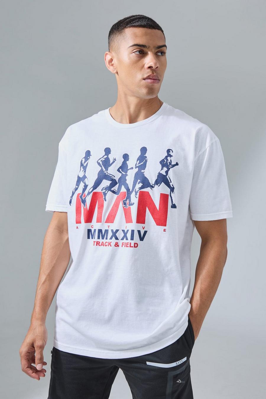 Man Active Oversize T-Shirt mit Athletic Track & Field Print, White