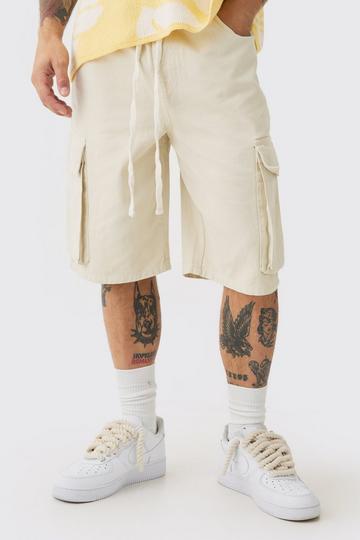 Baggy Fit Elasticated Waist Extended Drawcord Cargo Shorts ecru