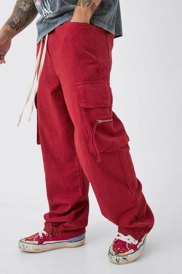 Red Baggy Fit Elasticated Waist Extended Drawcord Cargo Pants