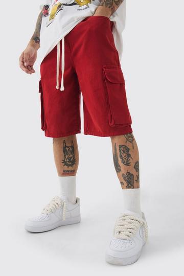 Baggy Fit Elasticated Waist Extended Drawcord Cargo Shorts red