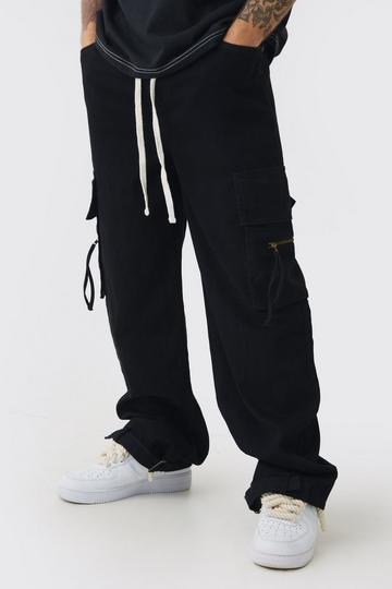 Black Baggy Fit Elasticated Waist Extended Drawcord Cargo Trousers