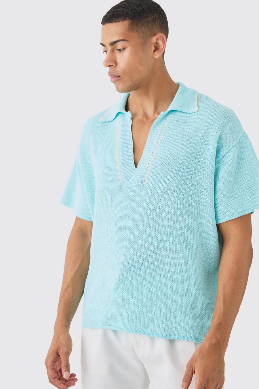 Light blue Regular Fit V Neck Knitted Polo With Tipping image number 1