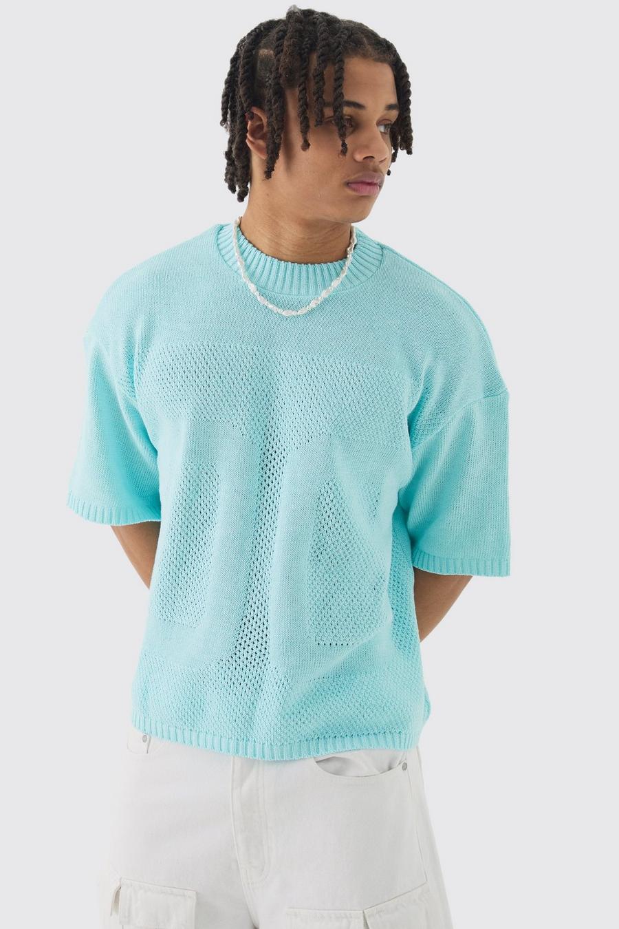 Light blue Oversized Open Stitch Tonal Varsity Knitted T-shirt
