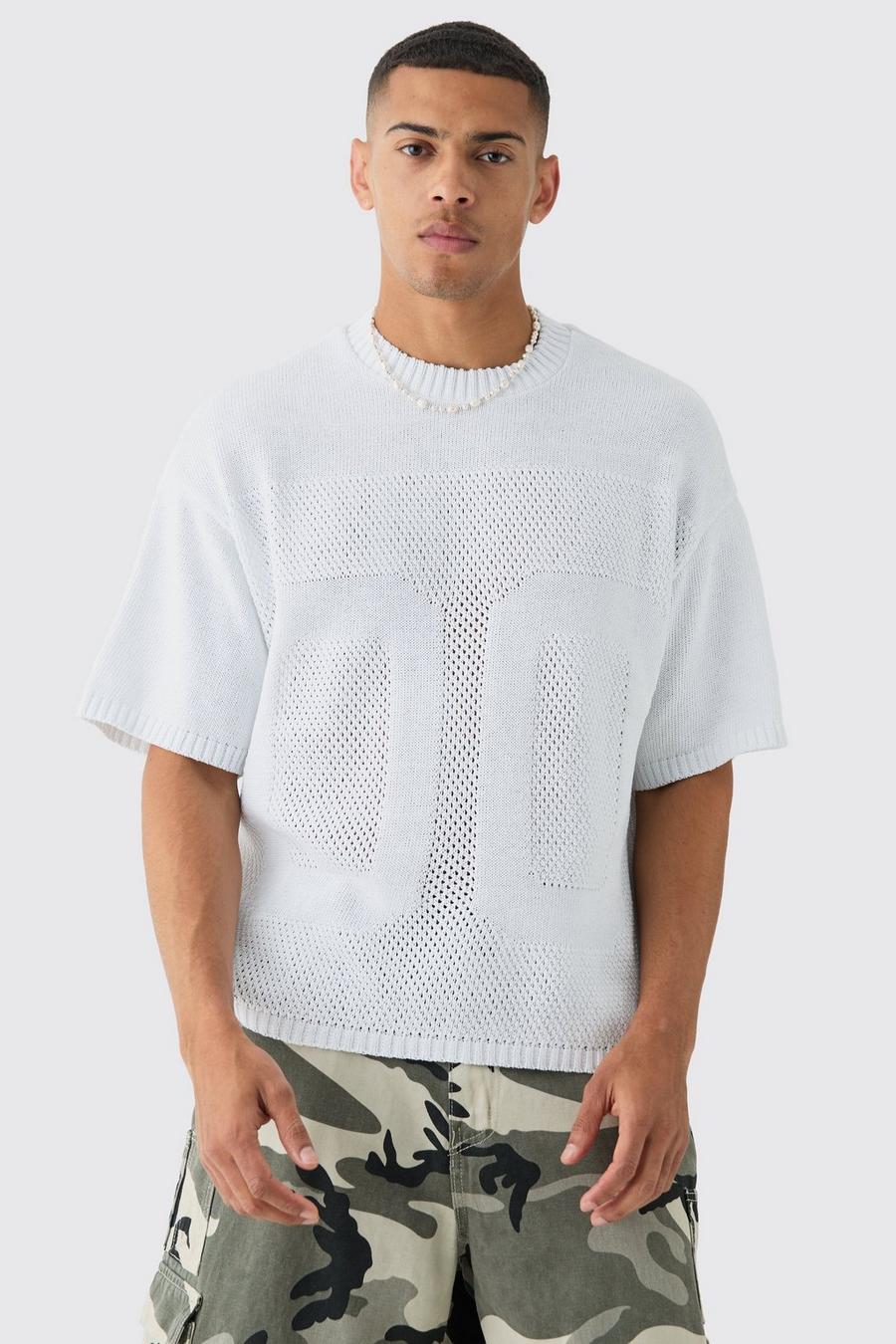 White Oversized Open Stitch Tonal Varsity Knitted T-shirt image number 1