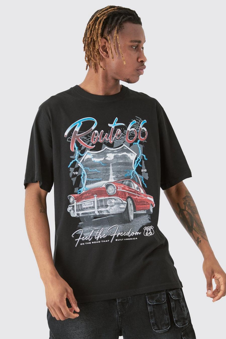 T-shirt Tall nera con stampa della Route 66 e scollo a vogatore, Black