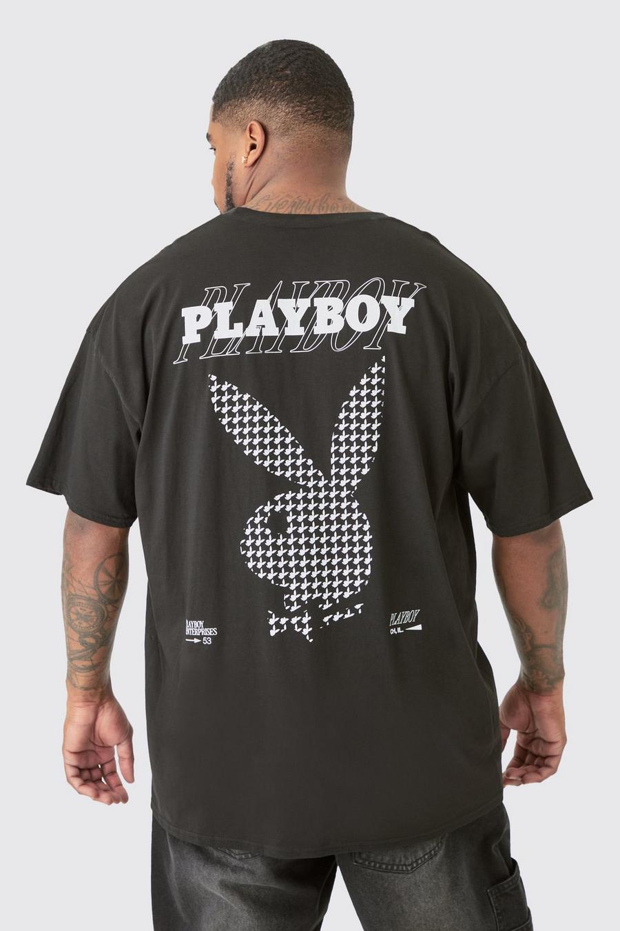 Plus kariertes Playboy T-Shirt in Schwarz, Black image number 1