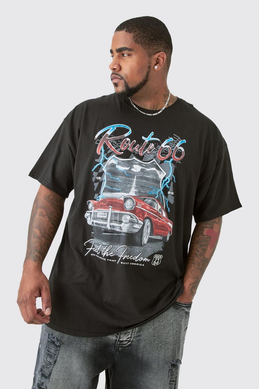 Plus schwarzes T-Shirt mit Route 66 Print, Black