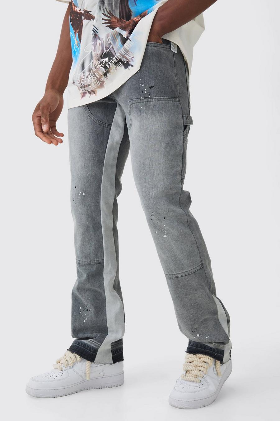 Grey Slim Rigid Flare Paint Splatter Gusset Carpenter Jeans