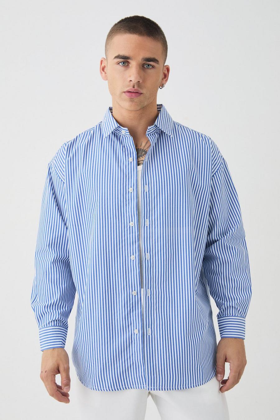 Oversized Striped Long Sleeve Shirt In Blue image number 1