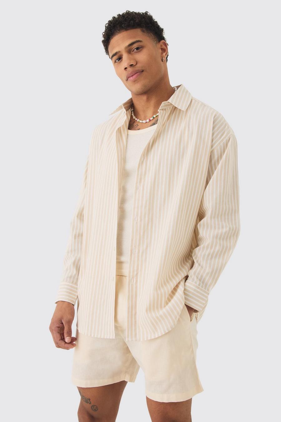 Oversized Long Sleeve Striped Shirt In Stone image number 1