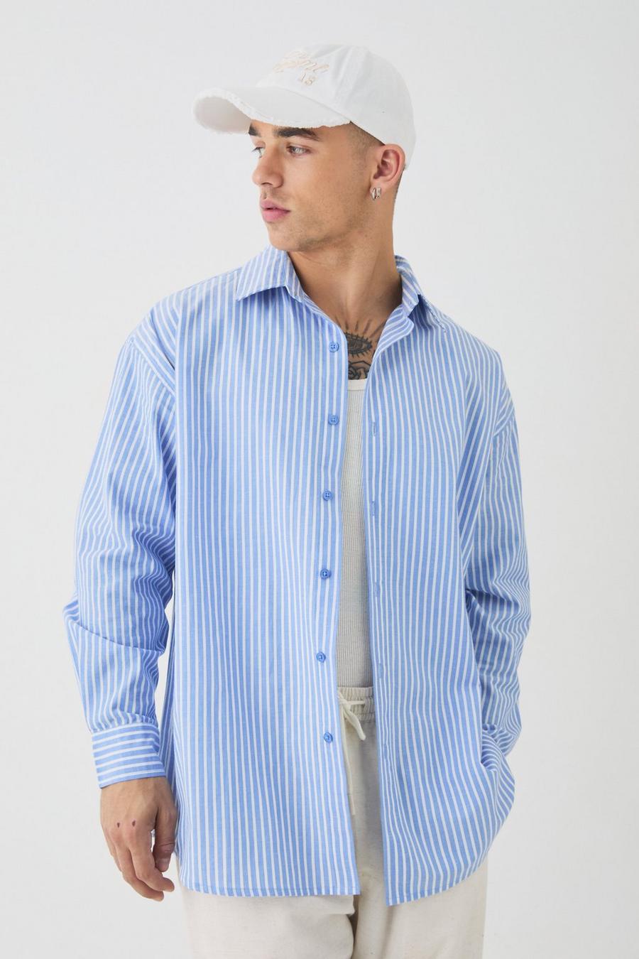 Light blue Oversized Long Sleeve Striped Shirt In Blue image number 1