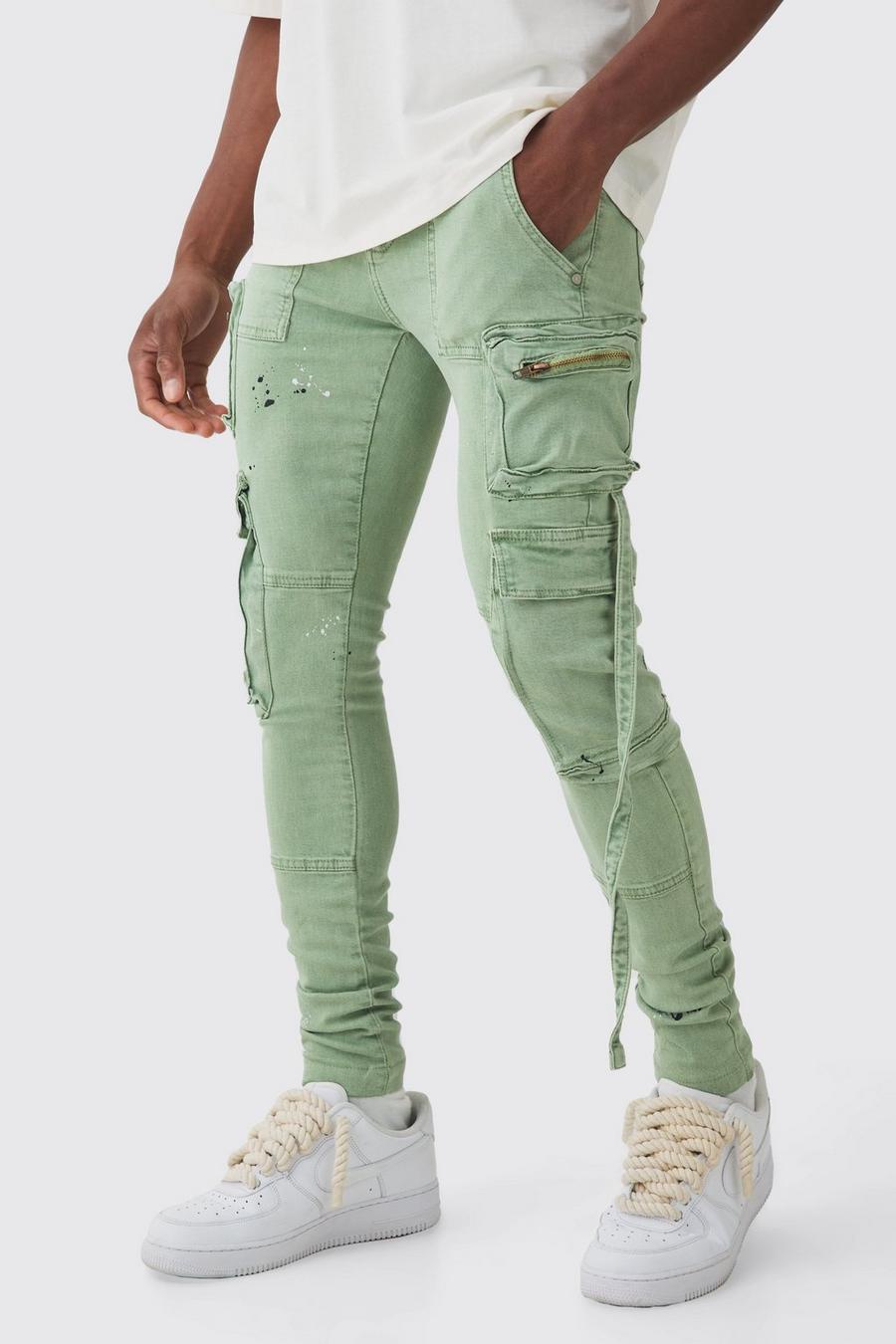 Sage Super Skinny Stretch Strap Detail Paint Splatter Cargo Jeans image number 1