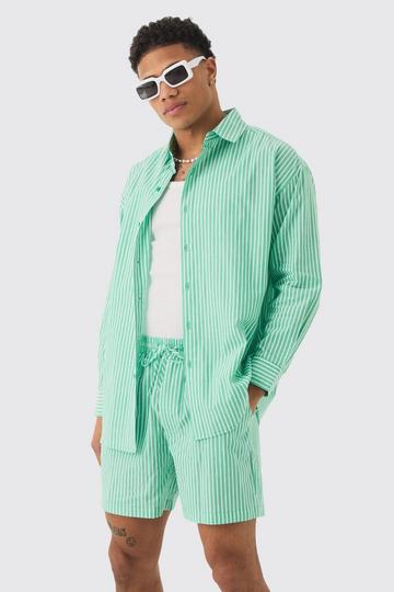 Green Oversized Long Sleeve Striped Shirt & Short Set In Green