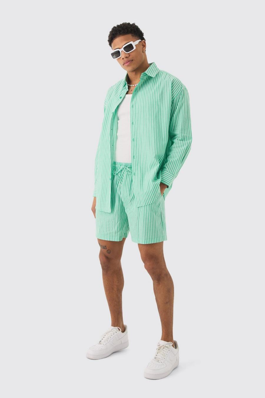 Oversized Long Sleeve Striped Shirt & Short Set In Green image number 1