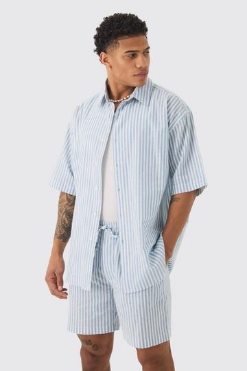 Oversized Short Sleeve Linen Look Shirt & Short Set In Blue blue