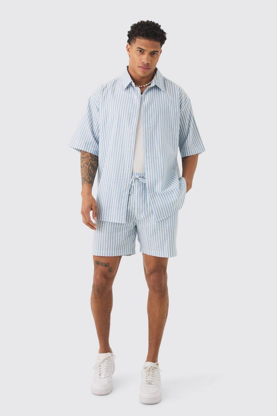 Oversized Short Sleeve Linen Look Shirt & Short Set In Blue
