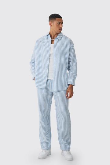 Oversized Long Sleeve Striped Shirt & Pants Set In Light Blue light blue