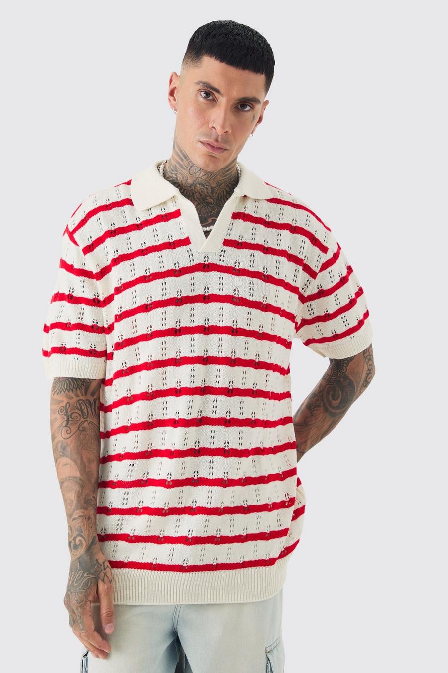 Tall Short Sleeve Oversized Crochet Knit Stripe Polo In Red image number 1