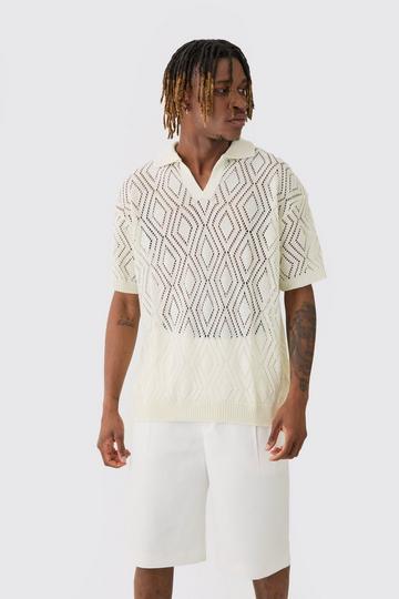 Tall Short Sleeve Boxy Fit Revere Open Knit Polo In Ecru ecru