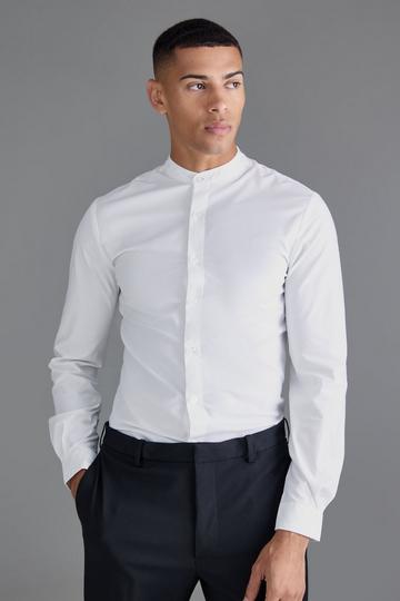 White Long Sleeve Grandad Collar Slim Shirt