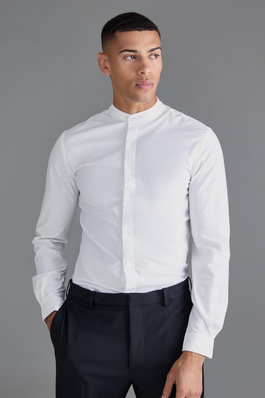 White Long Sleeve Grandad Collar Slim Shirt image number 1